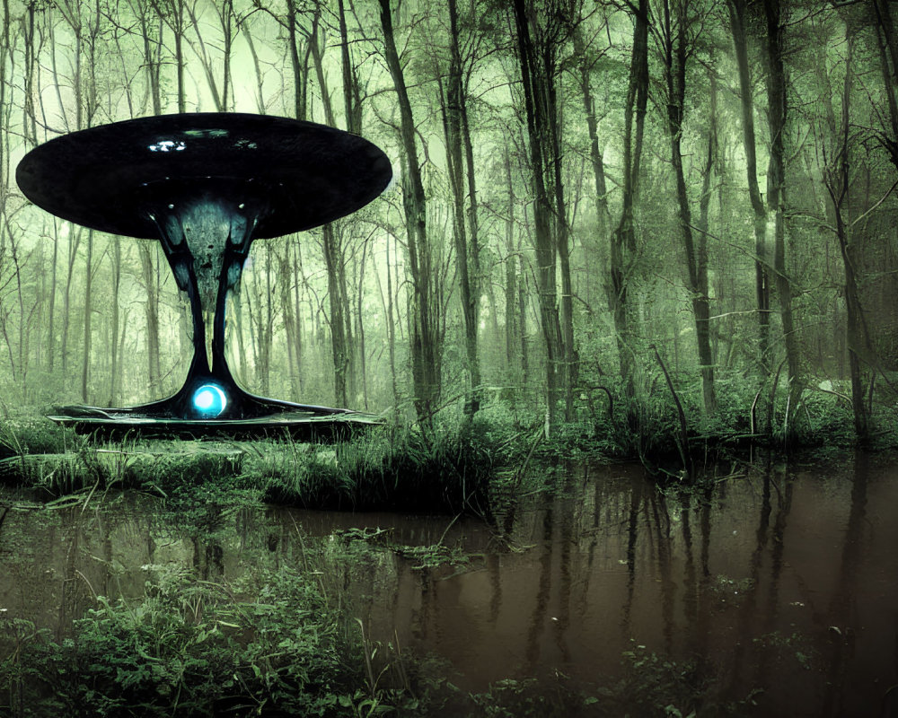 Mysterious UFO lands near murky pond in misty forest