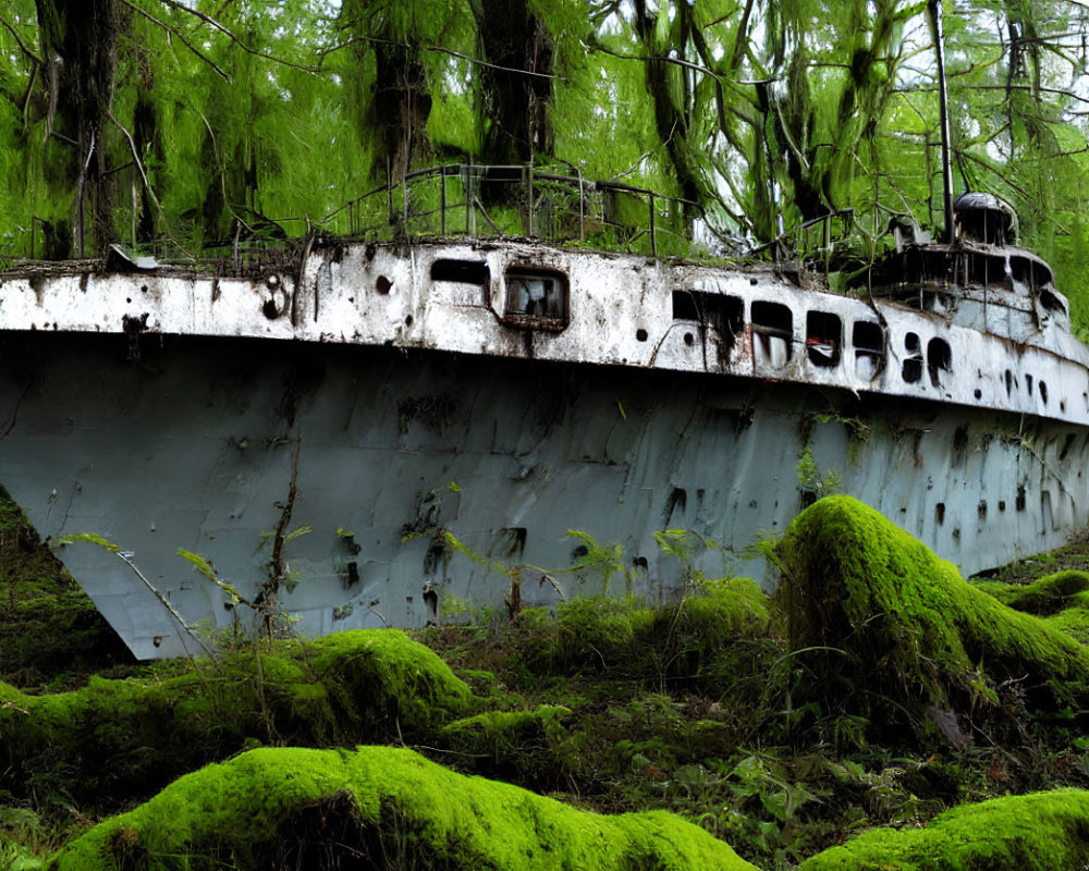 Abandoned ship covered in moss in woodland setting