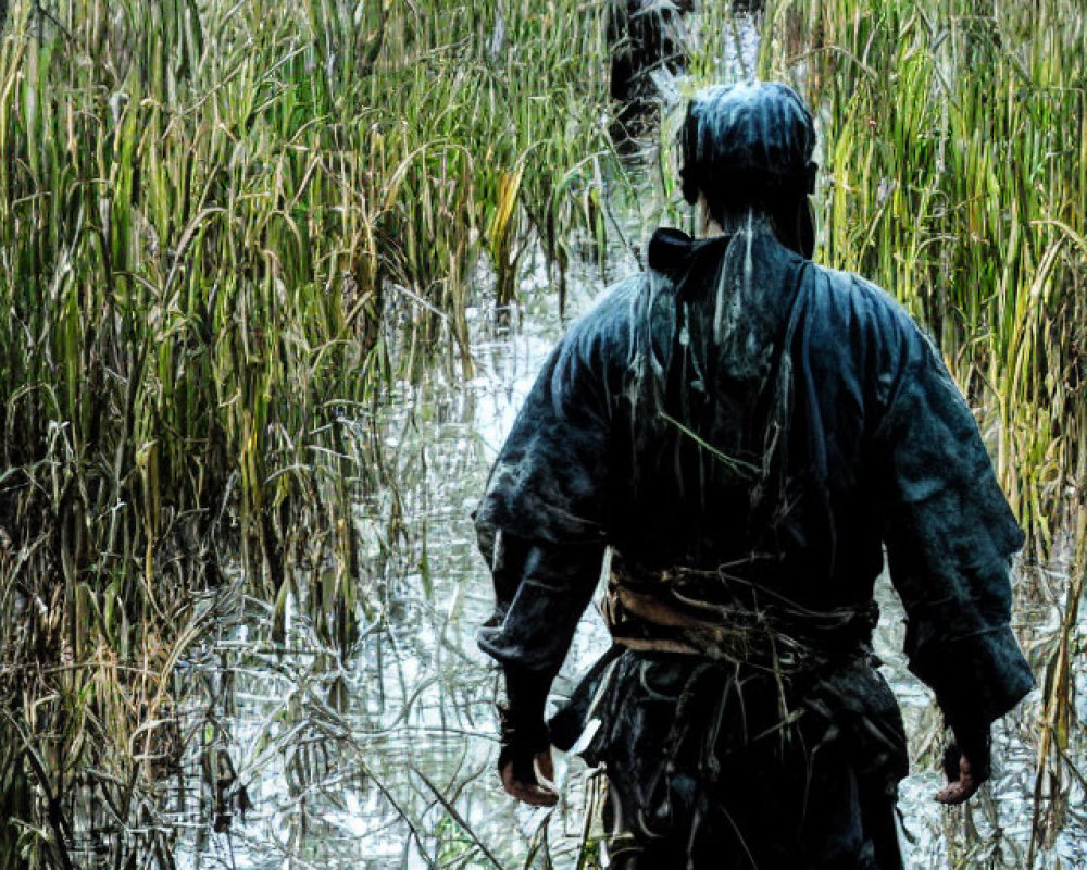 Group of people wading in marshy wetland with tall grasses