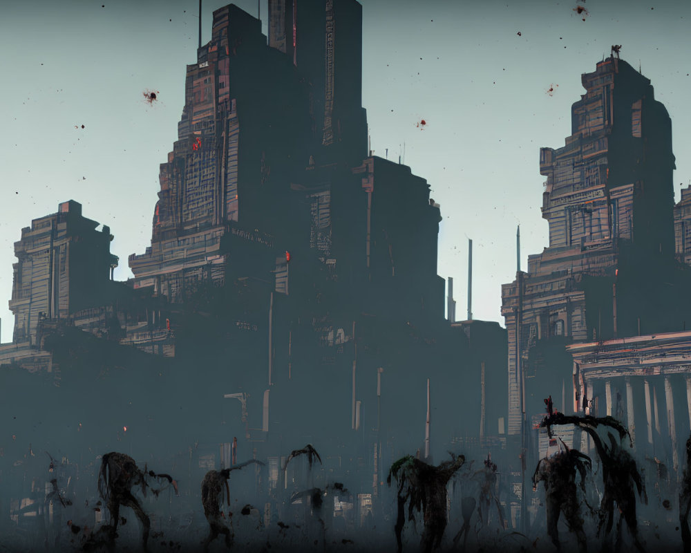 Dystopian landscape with decrepit skyscrapers and humanoid silhouettes.