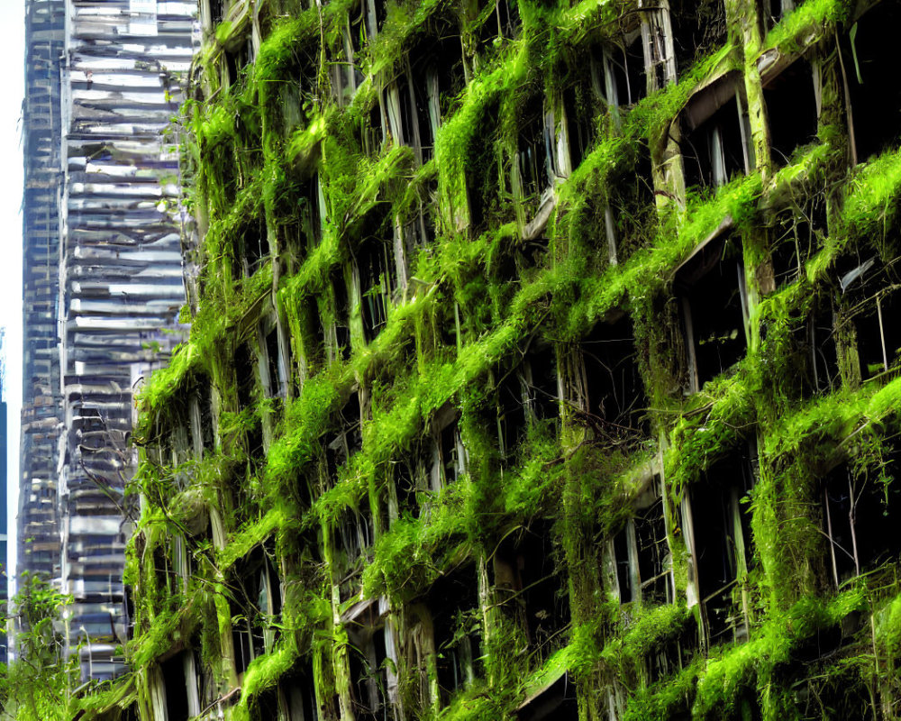 Urban building covered in green vines against skyscrapers