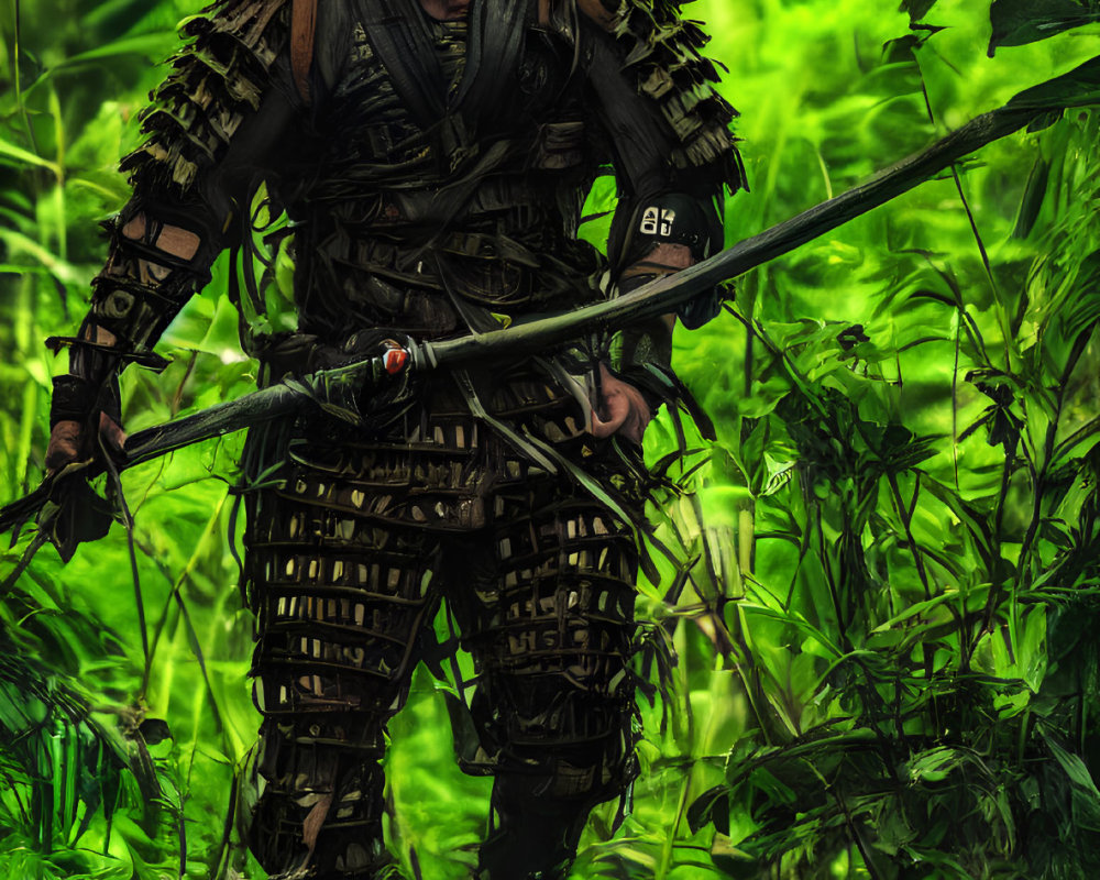 Traditional Samurai Warrior in Armor with Long Sword Amidst Dense Green Foliage