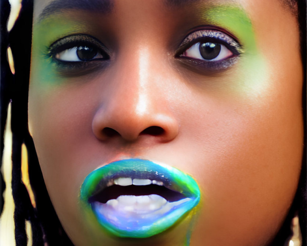 Close-up of person with vibrant green and yellow eye makeup and glossy green and blue lips, dark skin