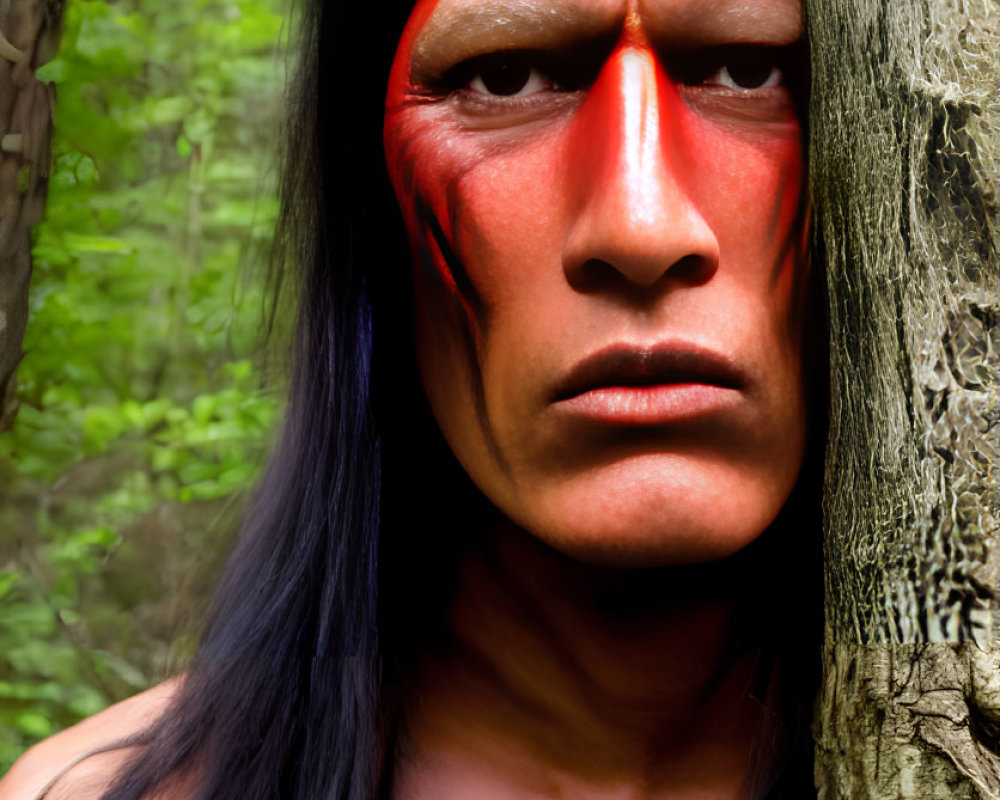 Person with Long Black Hair and Red Facial Paint Gazing from Forest Tree