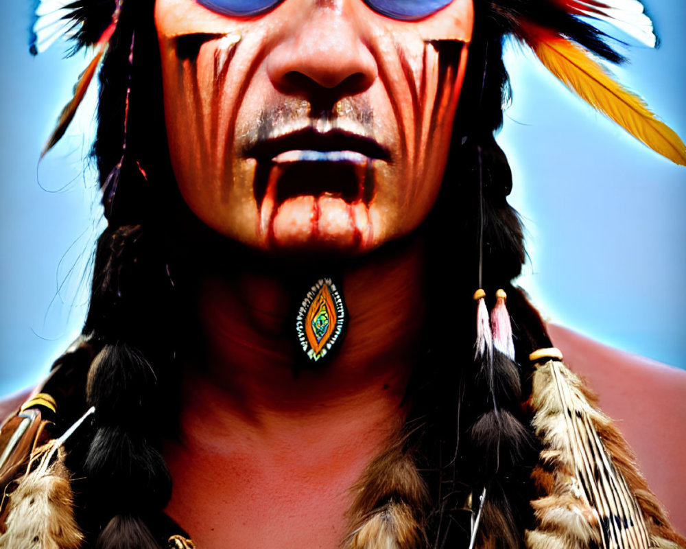 Person in Native American headdress with feathers, painted face, and turquoise pendant.