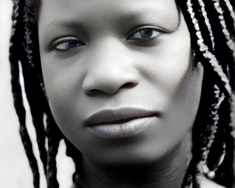 Monochrome portrait of woman with braided hair and contemplative expression