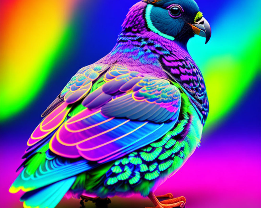 Colorful Digital Artwork: Neon Bird on Psychedelic Background