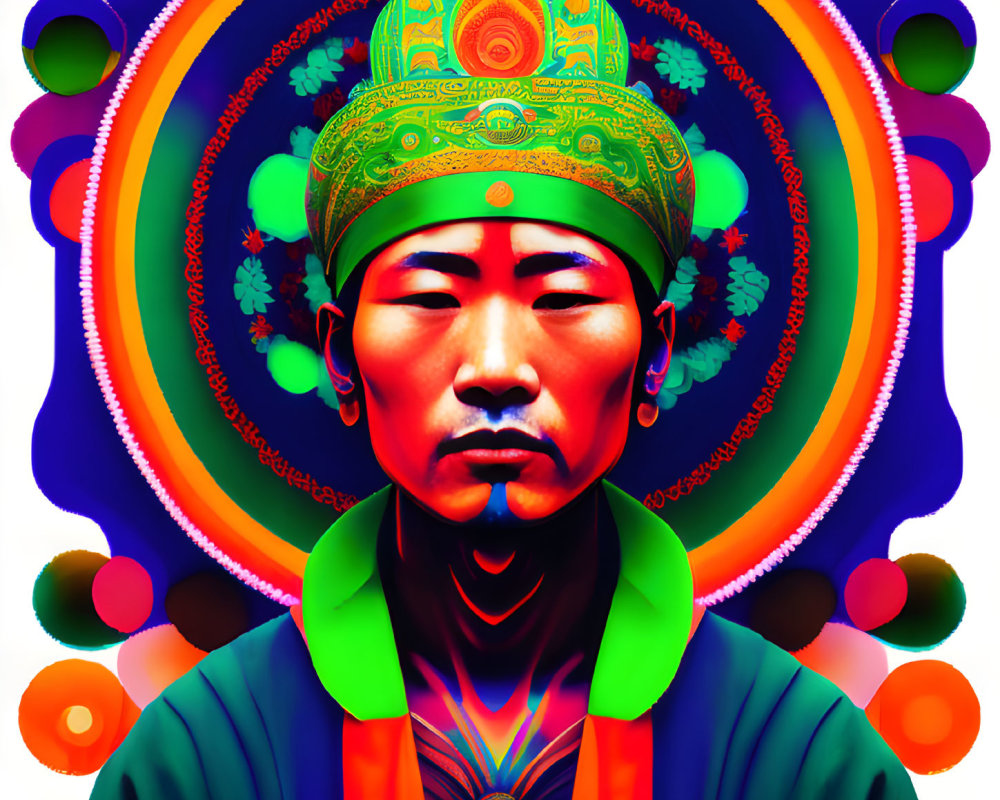 Symmetrical Asian face in colorful digital art with kaleidoscopic background