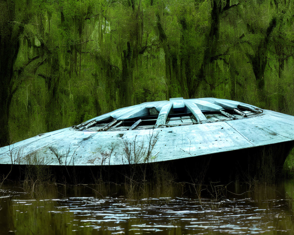 Dilapidated UFO-shaped structure in swamp with Spanish moss-covered trees