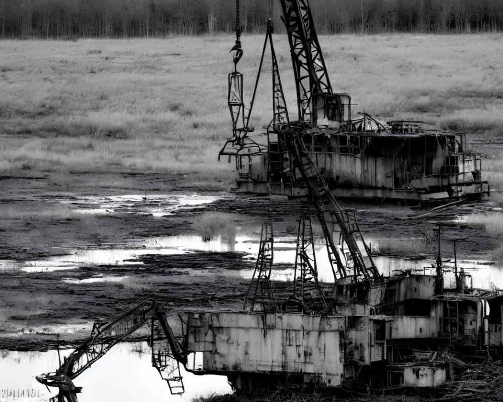 Monochrome photo: abandoned crane by water in desolate scenery