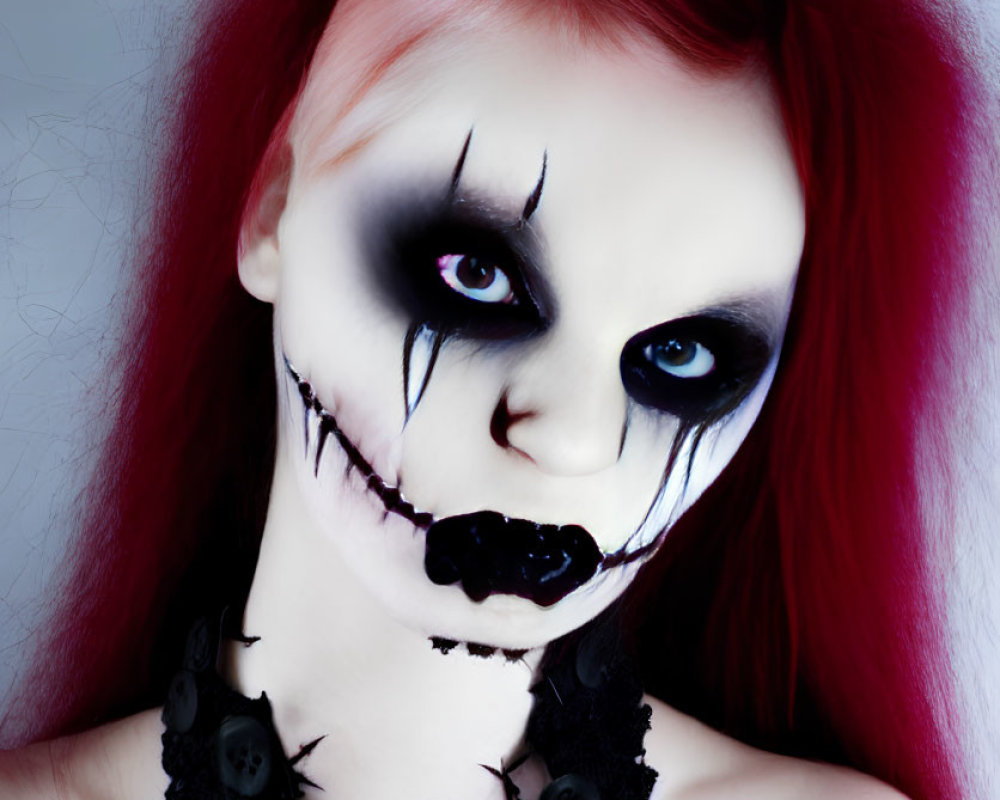 Vibrant red hair with skull-like face paint and dark eye makeup