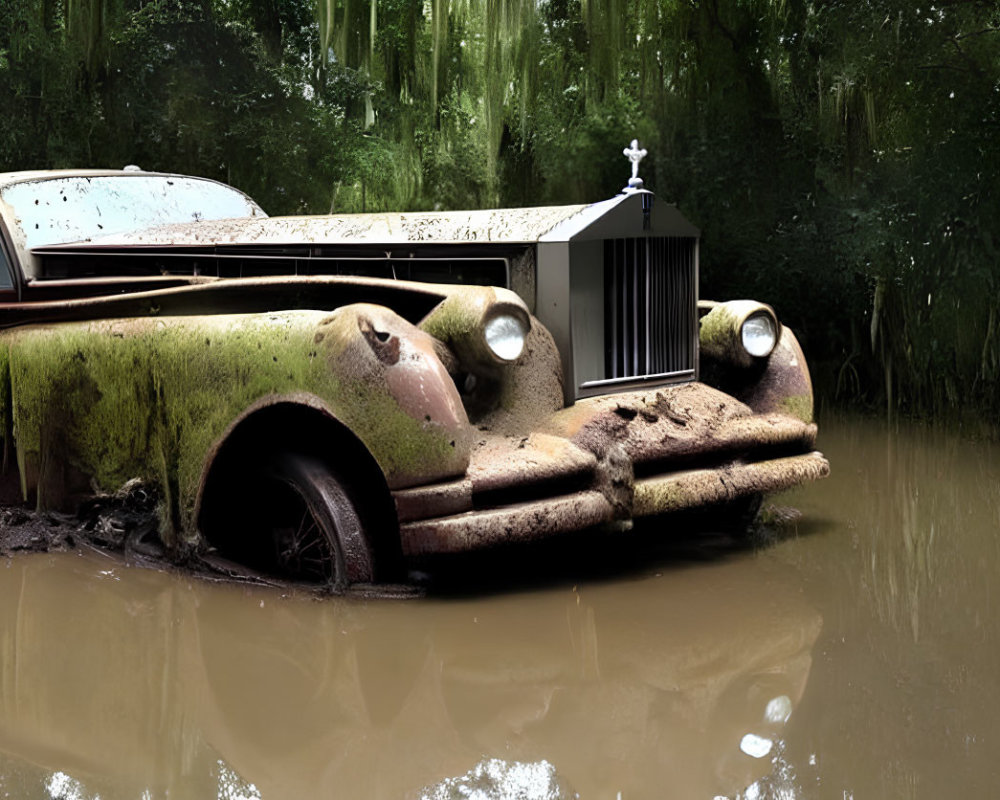 Moss-covered car in muddy water near dense trees