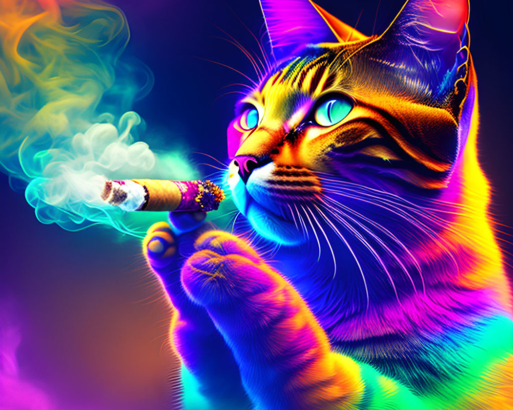 Colorful Cat Smoking Cigar in Neon Background