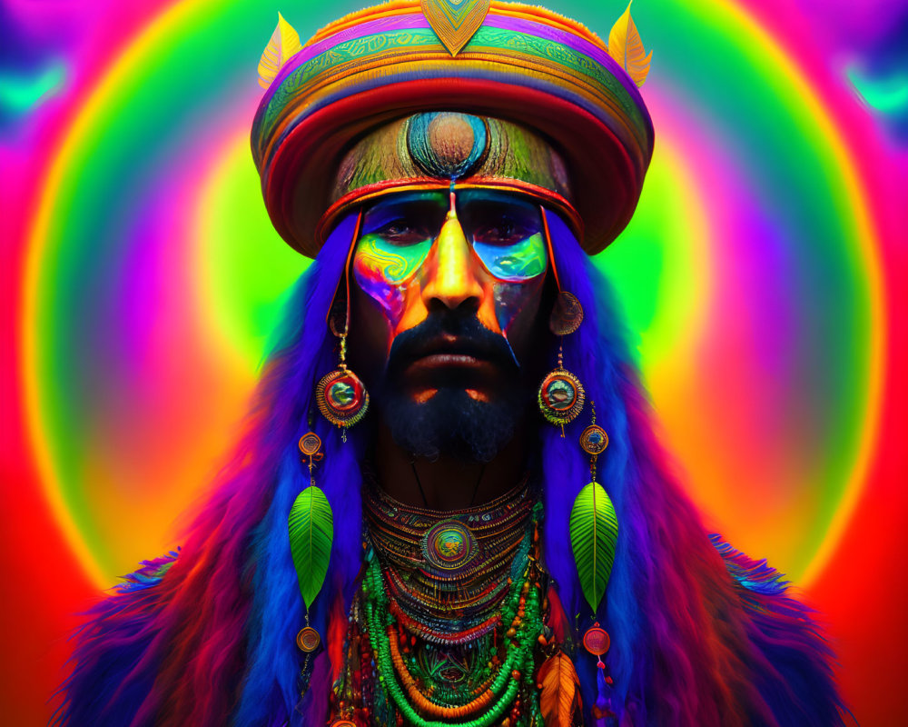 Colorful portrait of person in tribal attire with face paint on swirling rainbow background