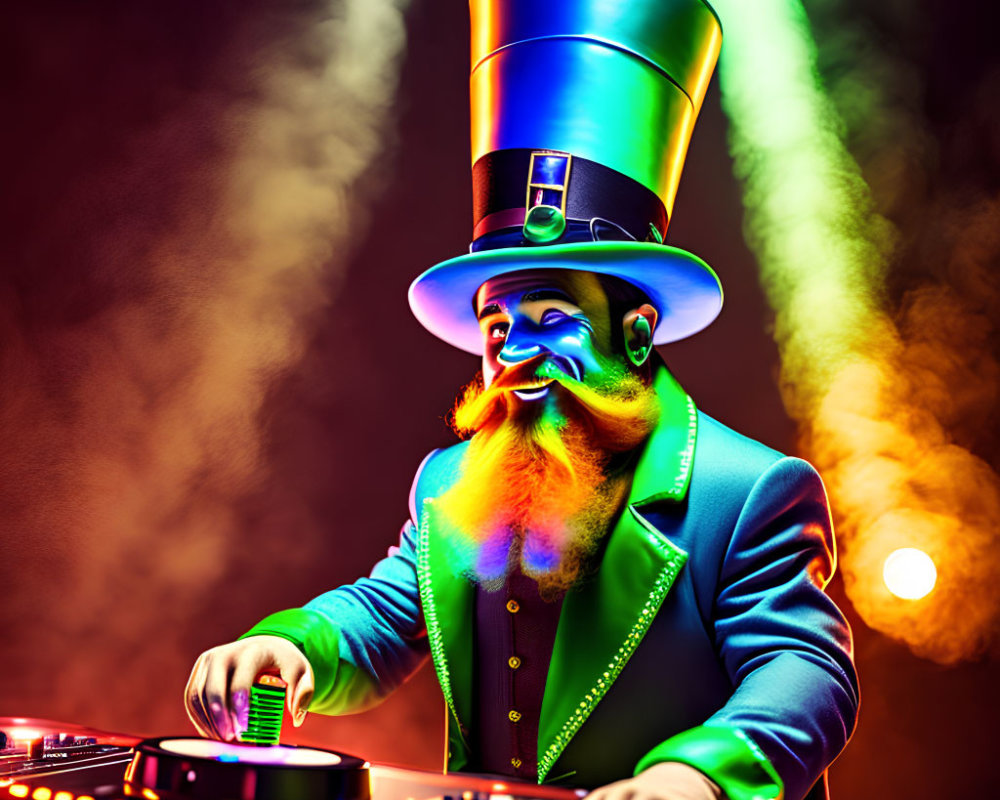 Vibrant DJ in Top Hat and Teal Suit with Colorful Lights