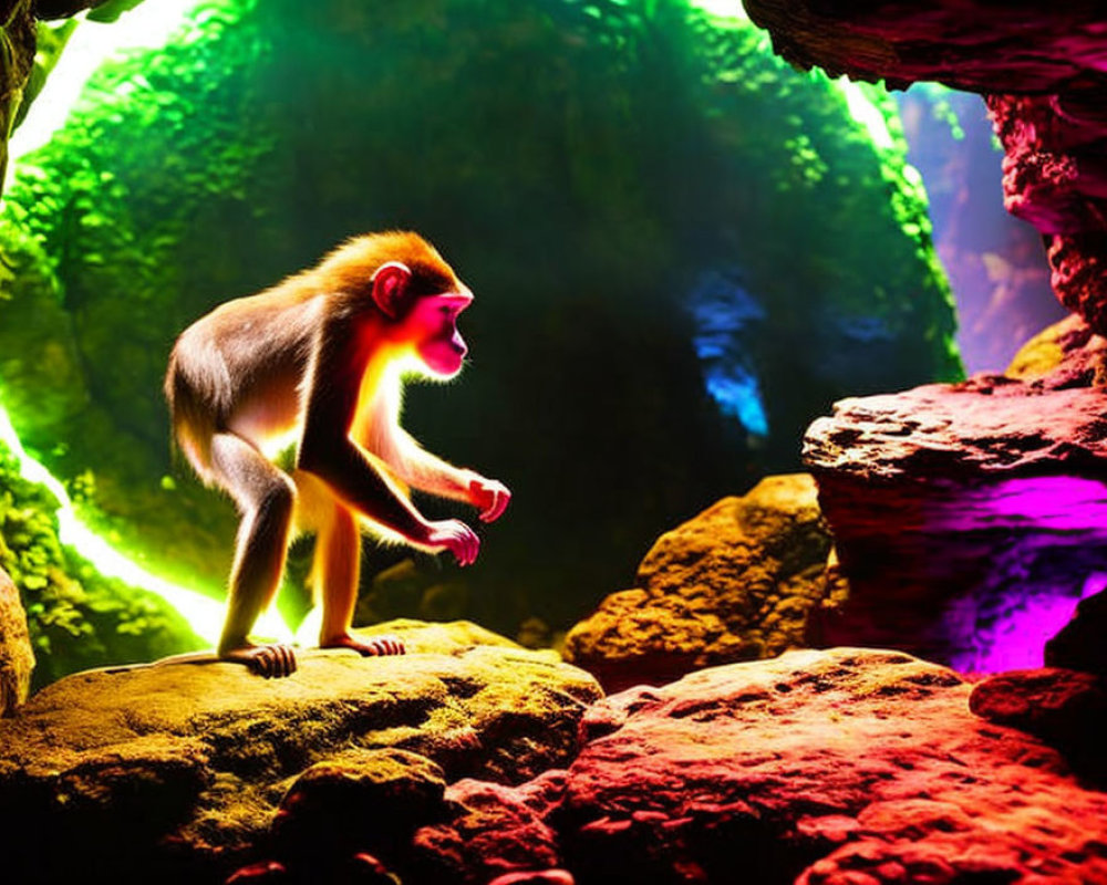 Baboon on rocks in colorful cave with vivid light