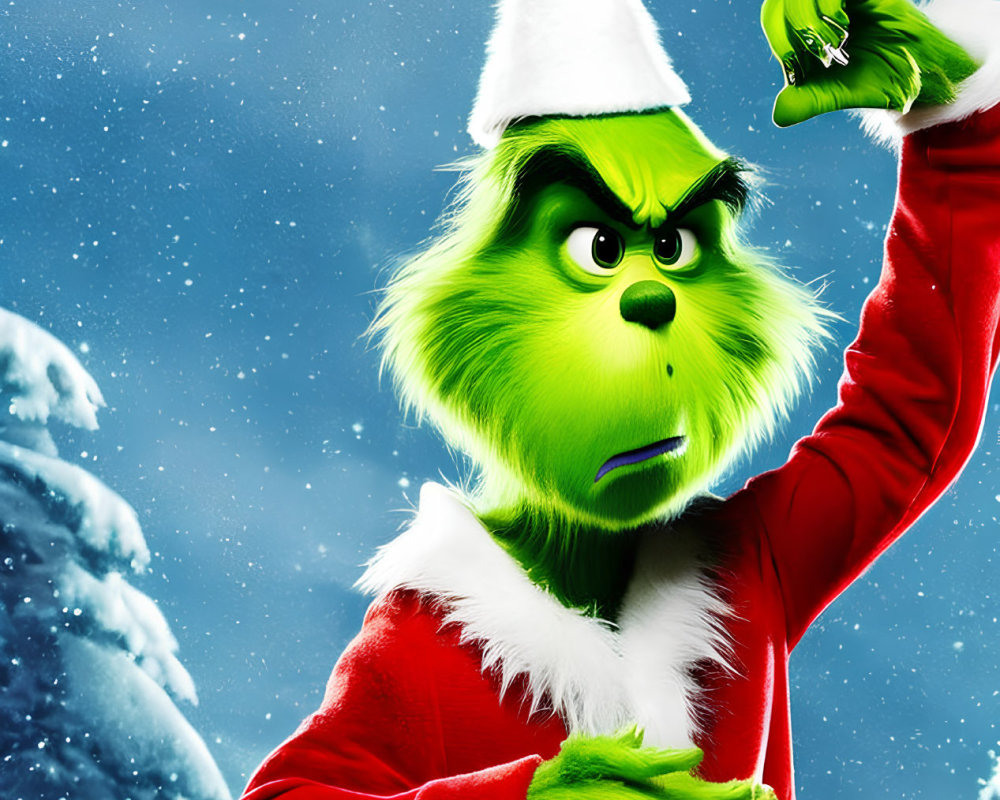 Grumpy green-furred animated character in Santa suit under snowy sky