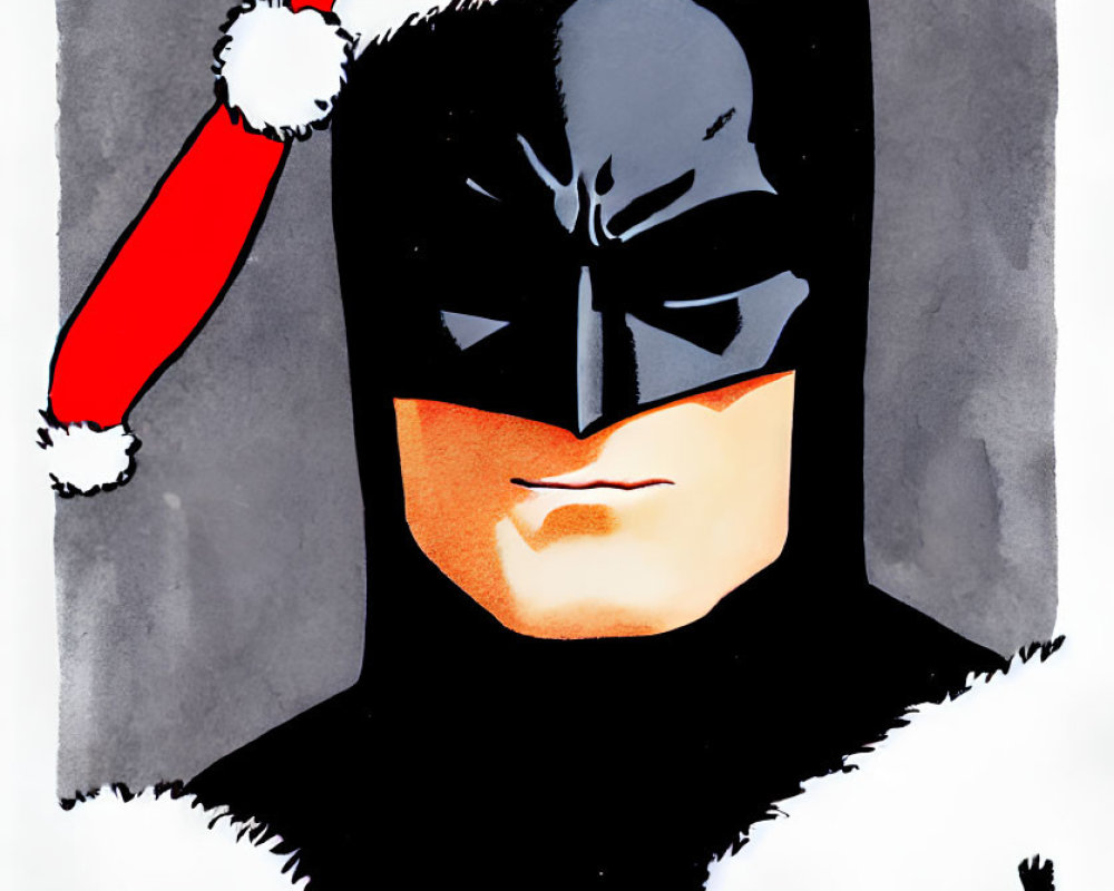 Festive Batman in Santa Hat with Snowy Background