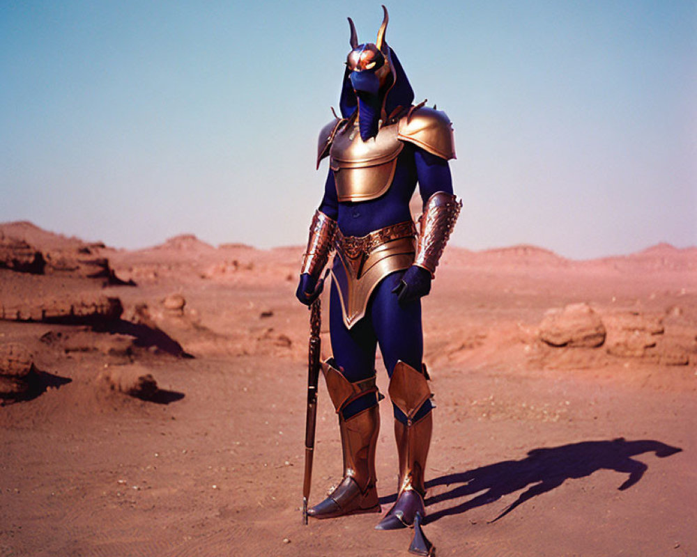 Fantasy warrior in horned helmet with weapon in desert setting