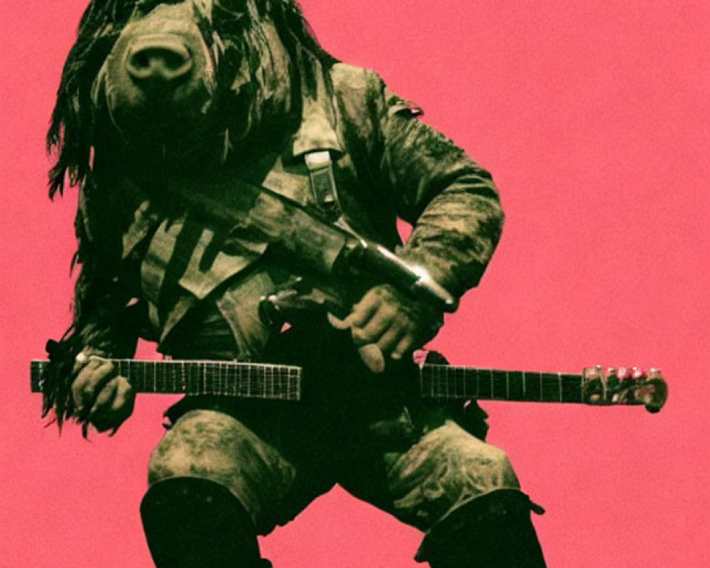 Anthropomorphic boar in military attire wields guitar against pink background