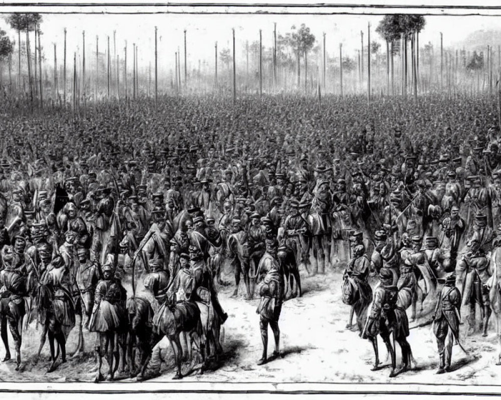 Detailed black and white illustration of Civil War soldiers on horseback in forest clearing