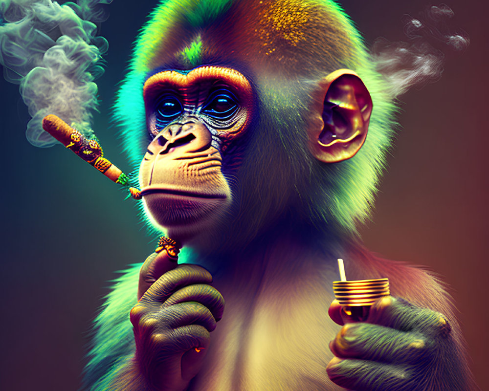 Colorful Monkey with Lit Cigar and Cup in Thoughtful Pose