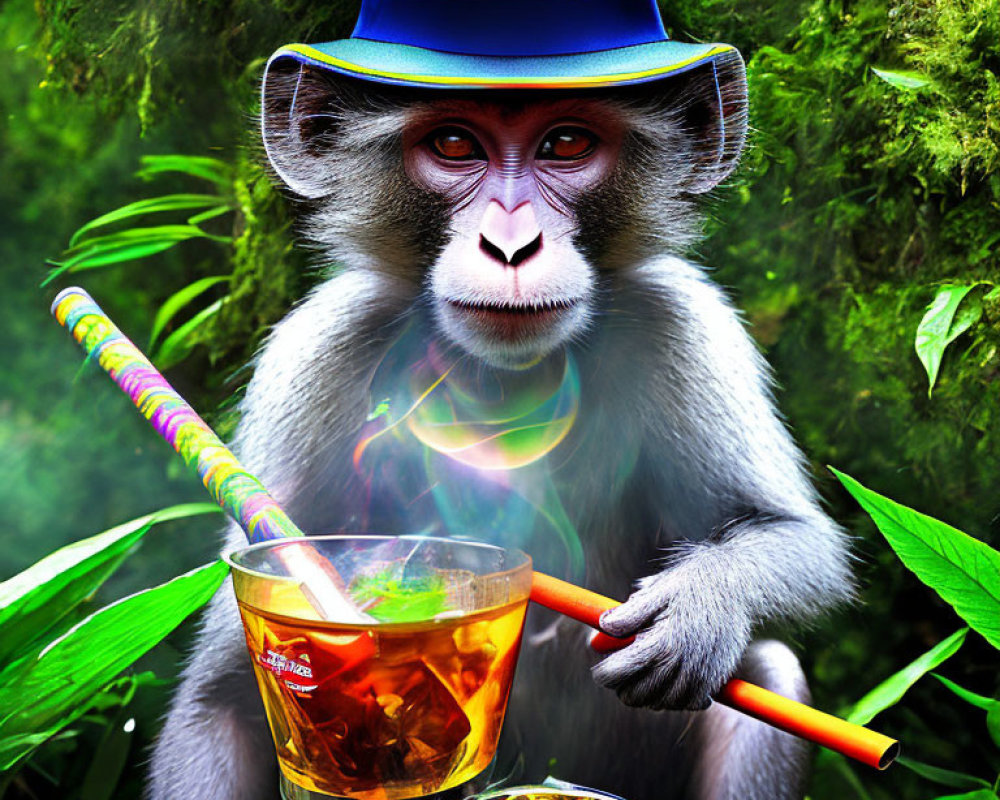 Colorful Monkey with Blue Hat, Straw, Drink, and Nuts in Foreground