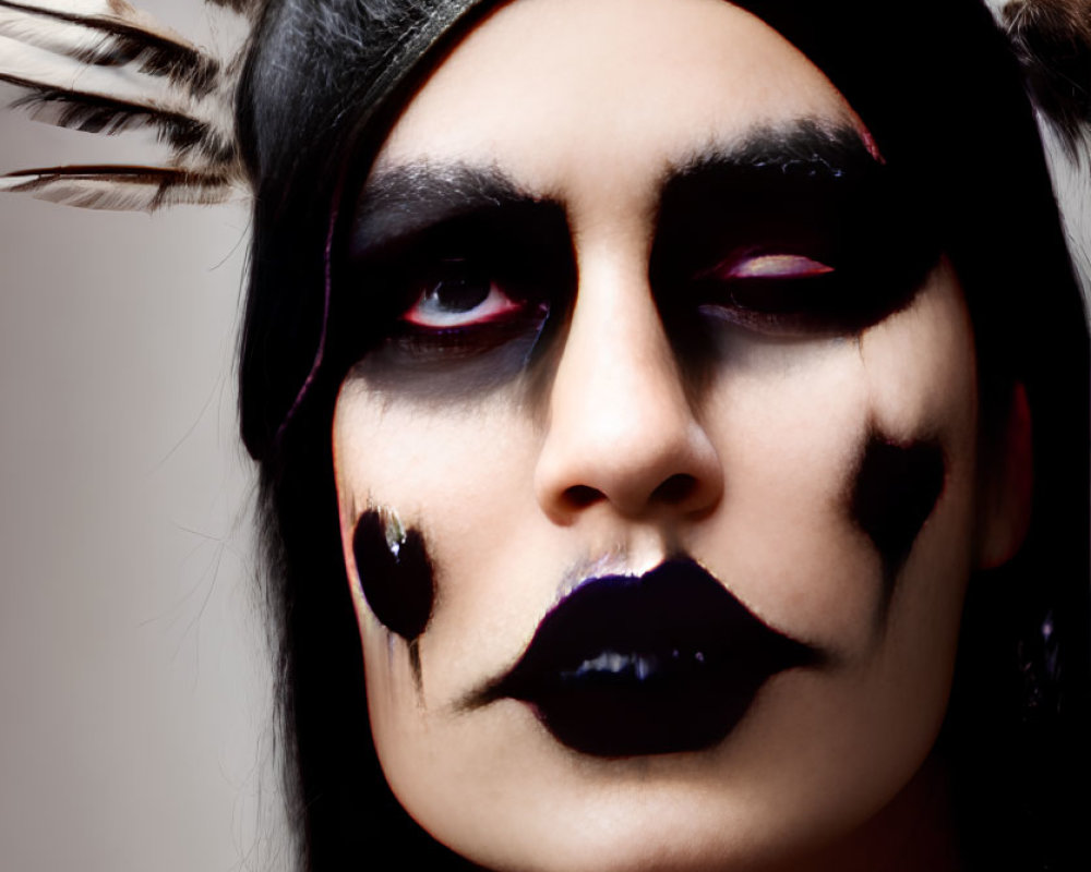 Person with black and white tribal face makeup and feathers in hair.