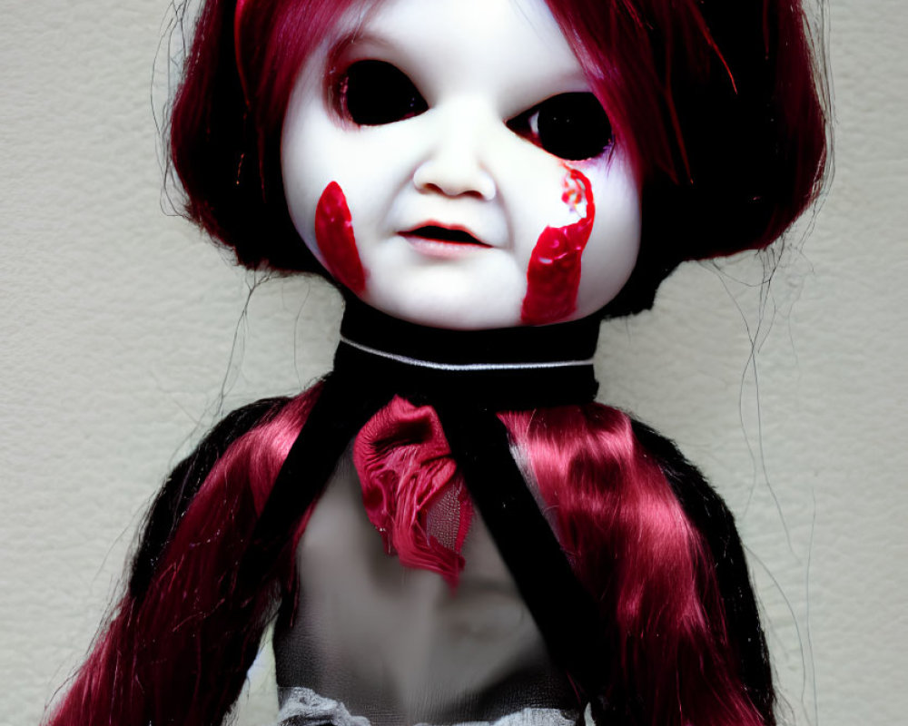 Creepy doll with pale face, red & black hair, dark eyes, blood-like stains, black