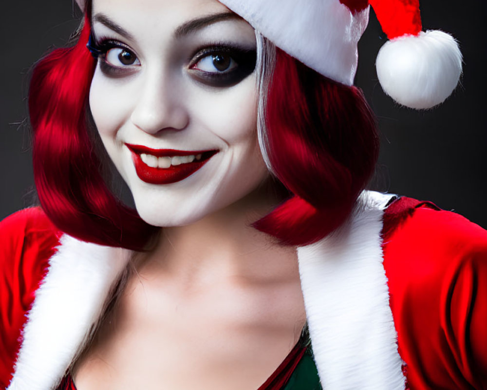 Festive woman in Santa costume with red and white hat and hair