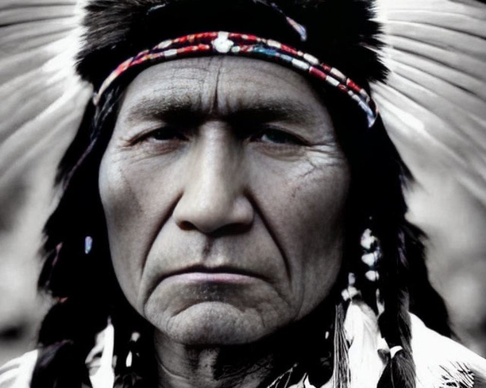 Native American man in headdress with feathers and beadwork on monochrome background