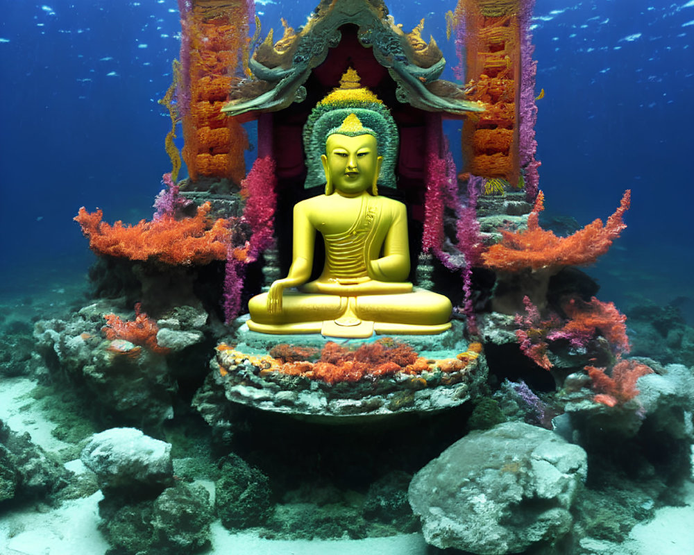 Golden Buddha statue meditating in underwater temple with colorful coral