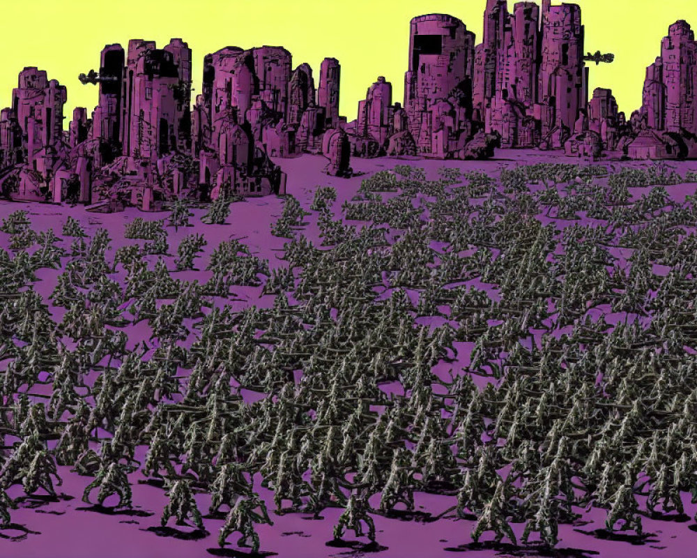 Illustration: Massive army of humanoid figures marching towards dystopian cityscape under purple sky