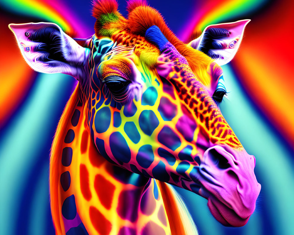 Vibrant giraffe digital art with neon rainbow background