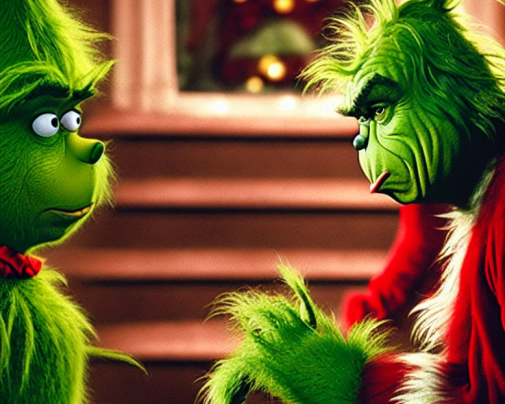 Furry green characters in conversation: one grumpy, the other curious.