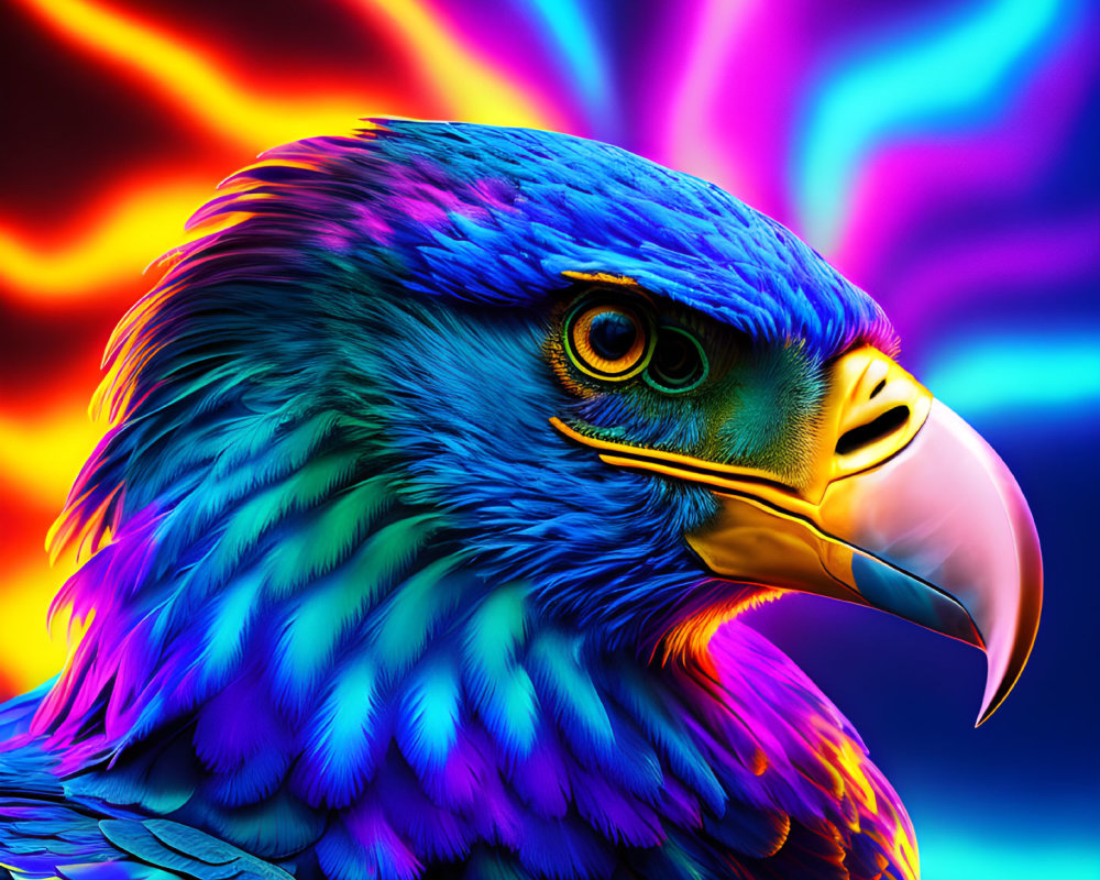 Colorful Eagle Head Digital Art on Psychedelic Rainbow Background