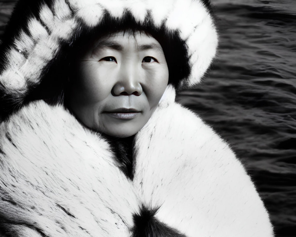 Monochrome portrait of person in fur-trimmed hood and coat by water.