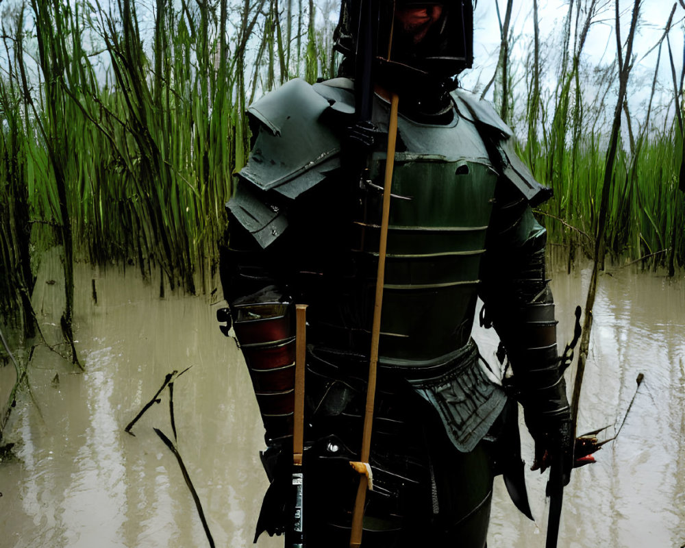 Medieval knight in dark armor with longbow in swamp