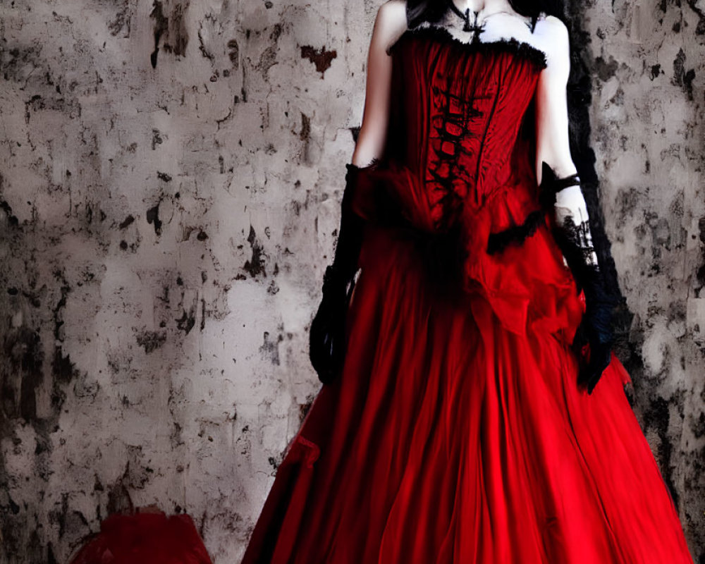 Gothic-inspired red and black dress with dramatic makeup against textured wall