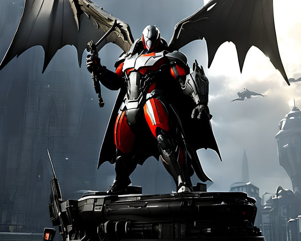 Armored figure with cape and wings on high structure with futuristic cityscape.