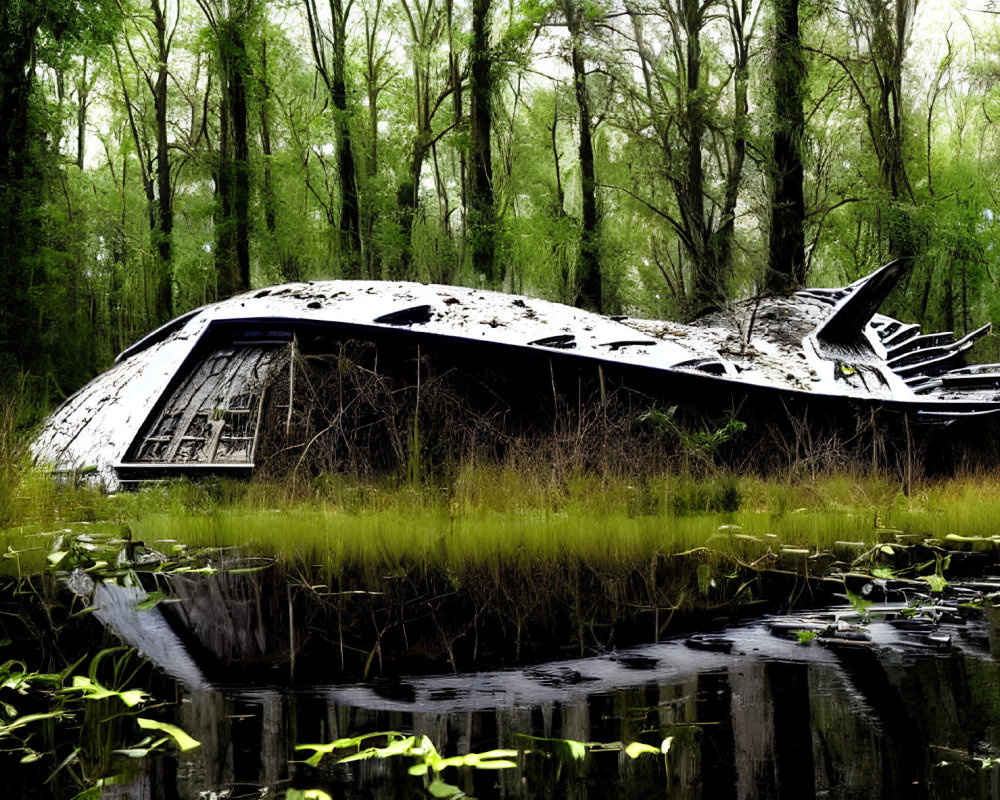 Abandoned boat with graffiti in swampy woodland surrounded by green vegetation