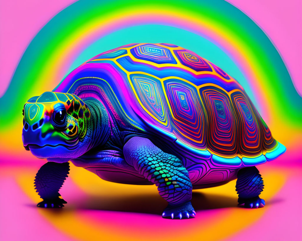 Colorful Tortoise with Psychedelic Shell on Pink Background