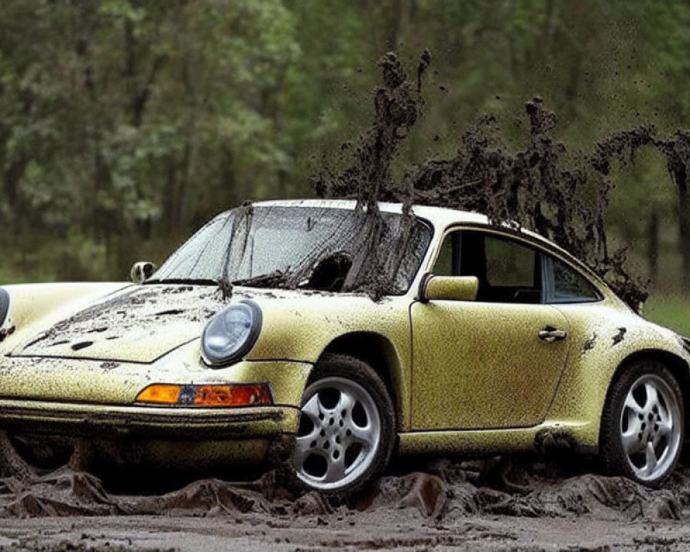 Yellow Porsche 911 Off-Road Driving in Muddy Terrain