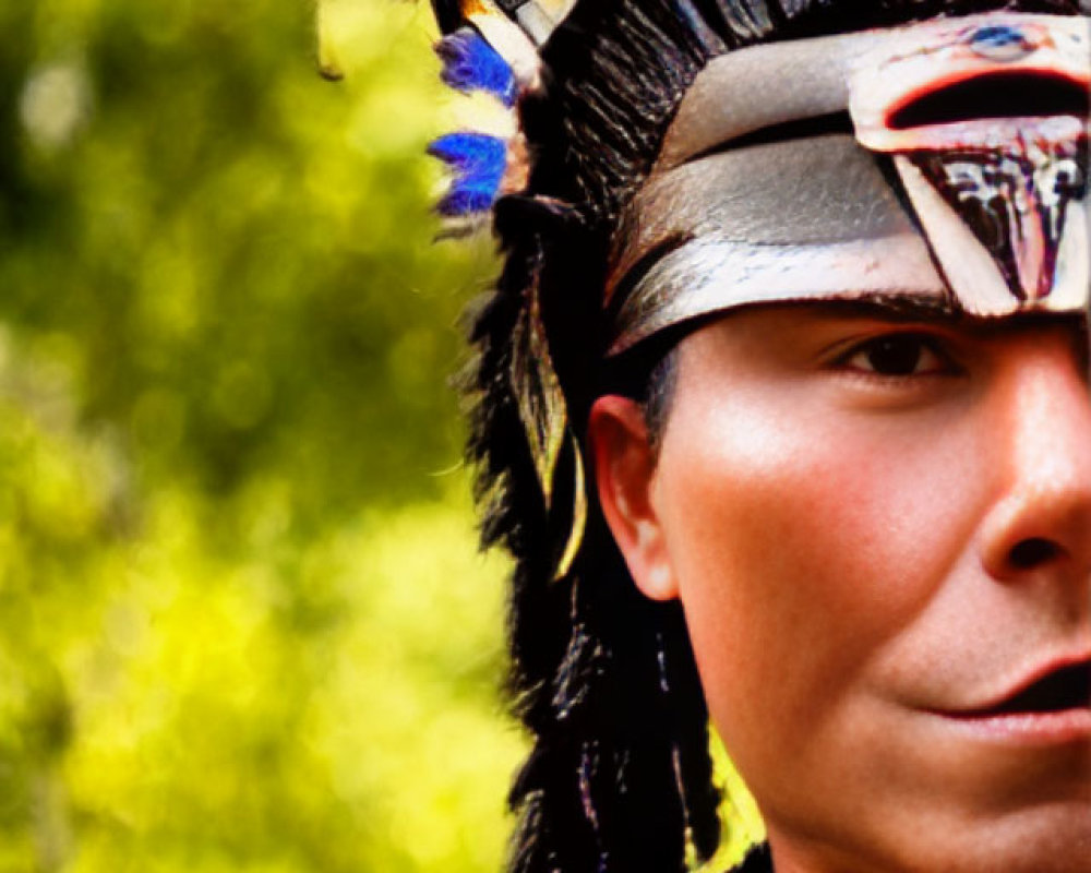 Colorful Feathered Headdress and Traditional Outfit Against Blurred Green Background