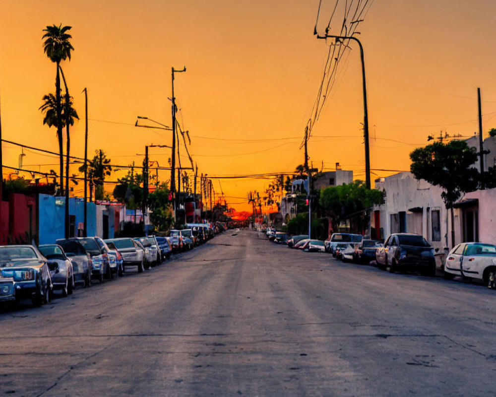 Sunset over quiet street with parked cars and palm trees.