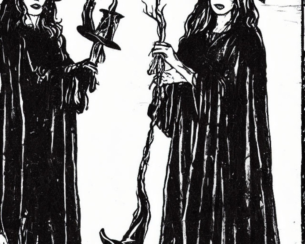 Two witches in robes and pointed hats holding staffs with eerie expressions.