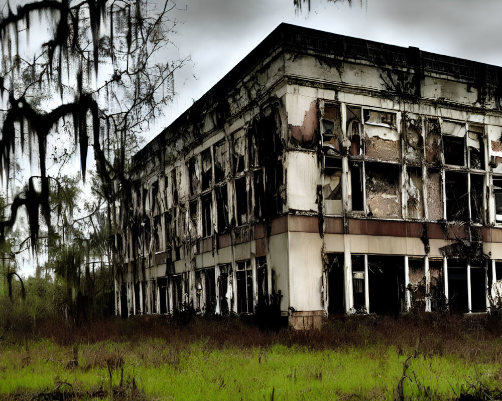 Desolate landscape with abandoned dilapidated building and overgrowth