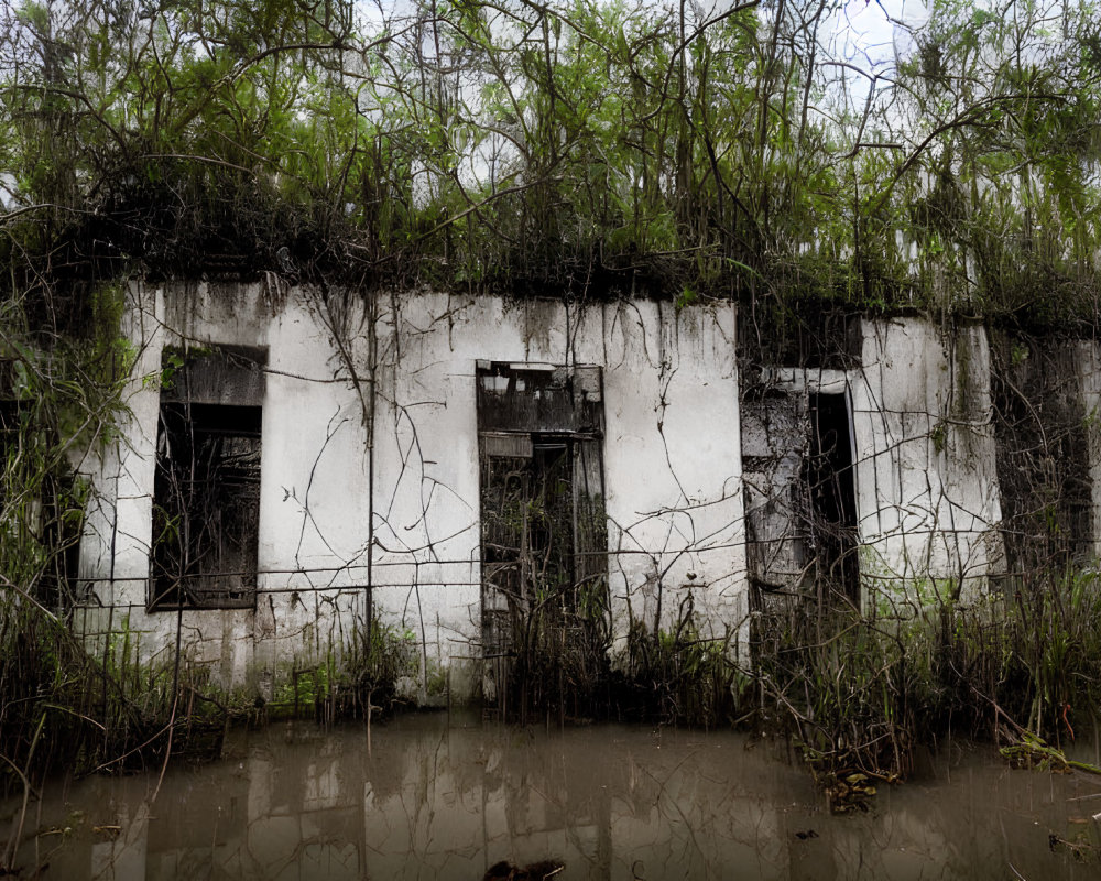 Desolate abandoned building with bare trees and water - a scene of neglect and decay