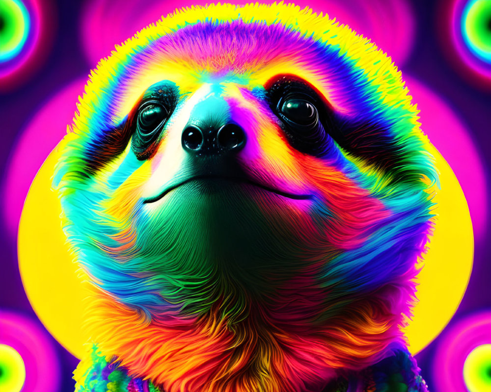 Colorful Psychedelic Rainbow Sloth on Concentric Circles