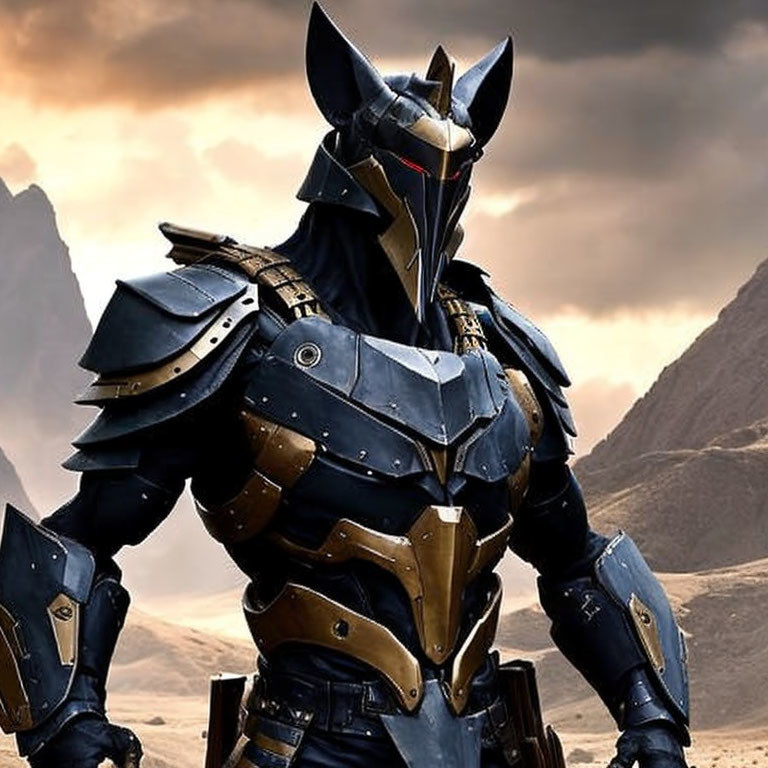 Elaborate black and gold armored figure with bat-shaped helmet against mountainous backdrop